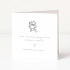 Engagement card with a black and white illustration of Cupid and text on a white background