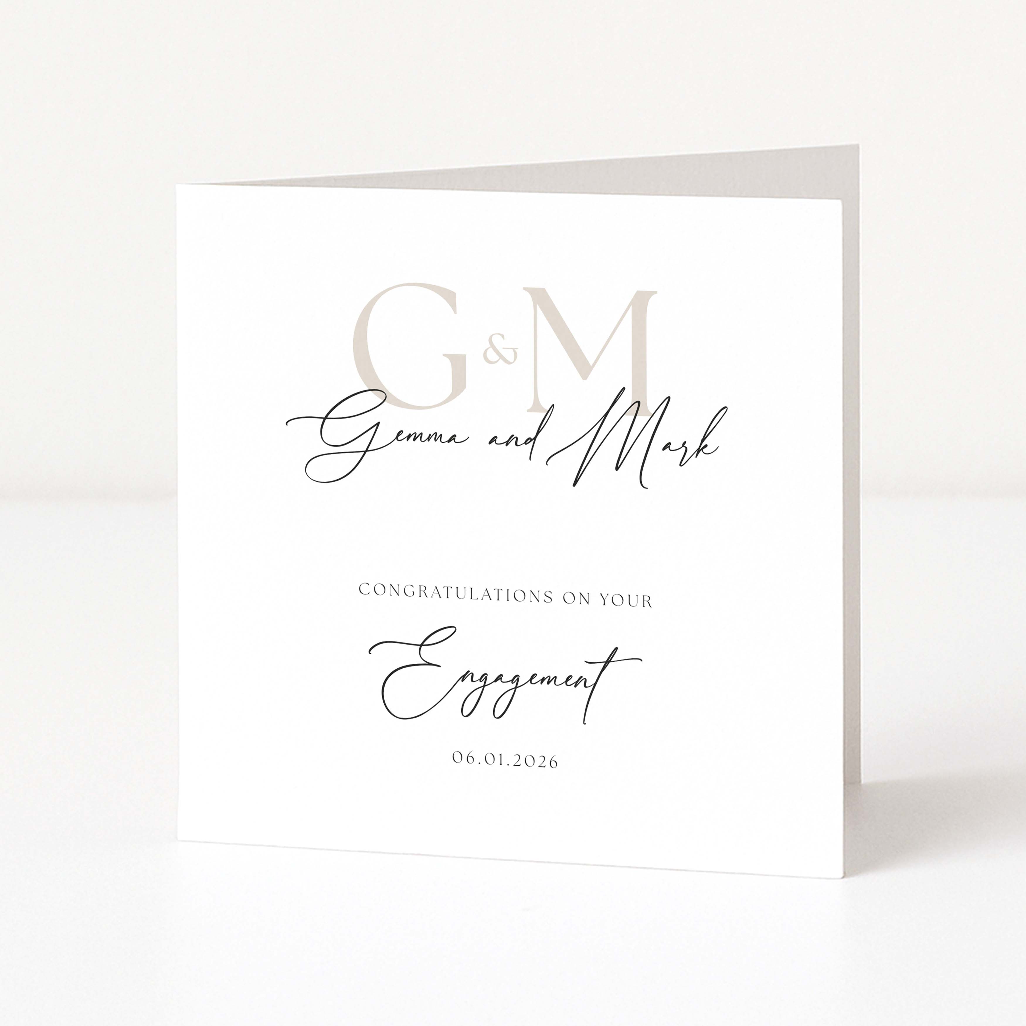 Greeting card with 'G & M' and 'Congratulations on your Engagement' text on a white background