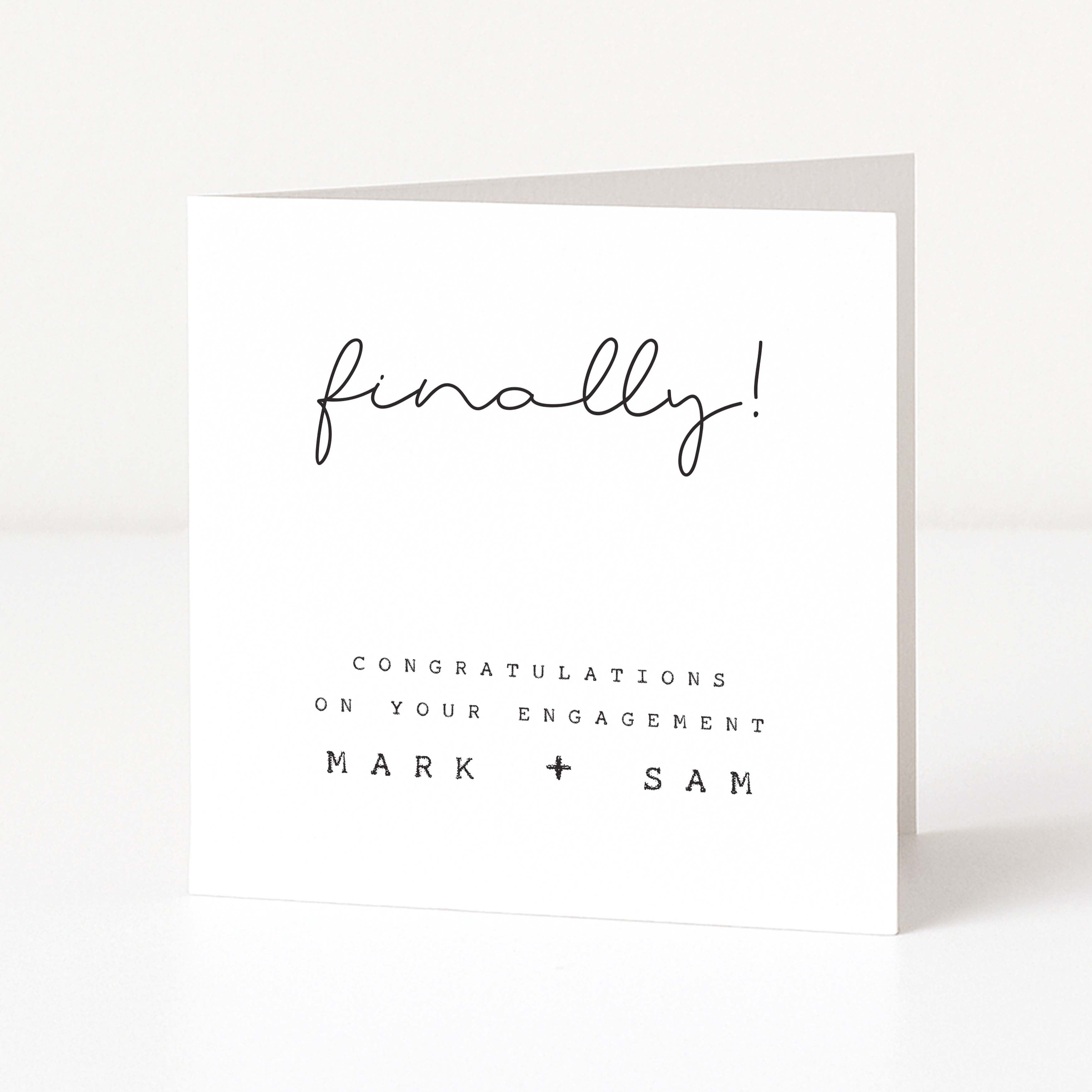 Engagement card with 'finally!' and personalized names on a white background