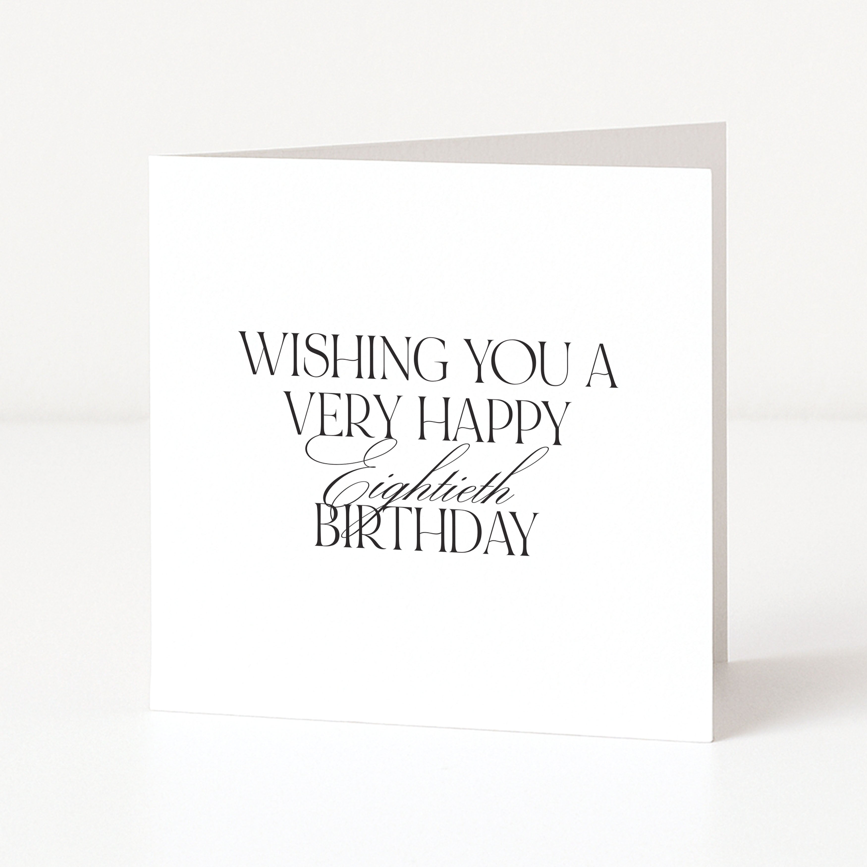 Elegant white 80th birthday card with black typography reading “Wishing you a very happy eightieth birthday”.