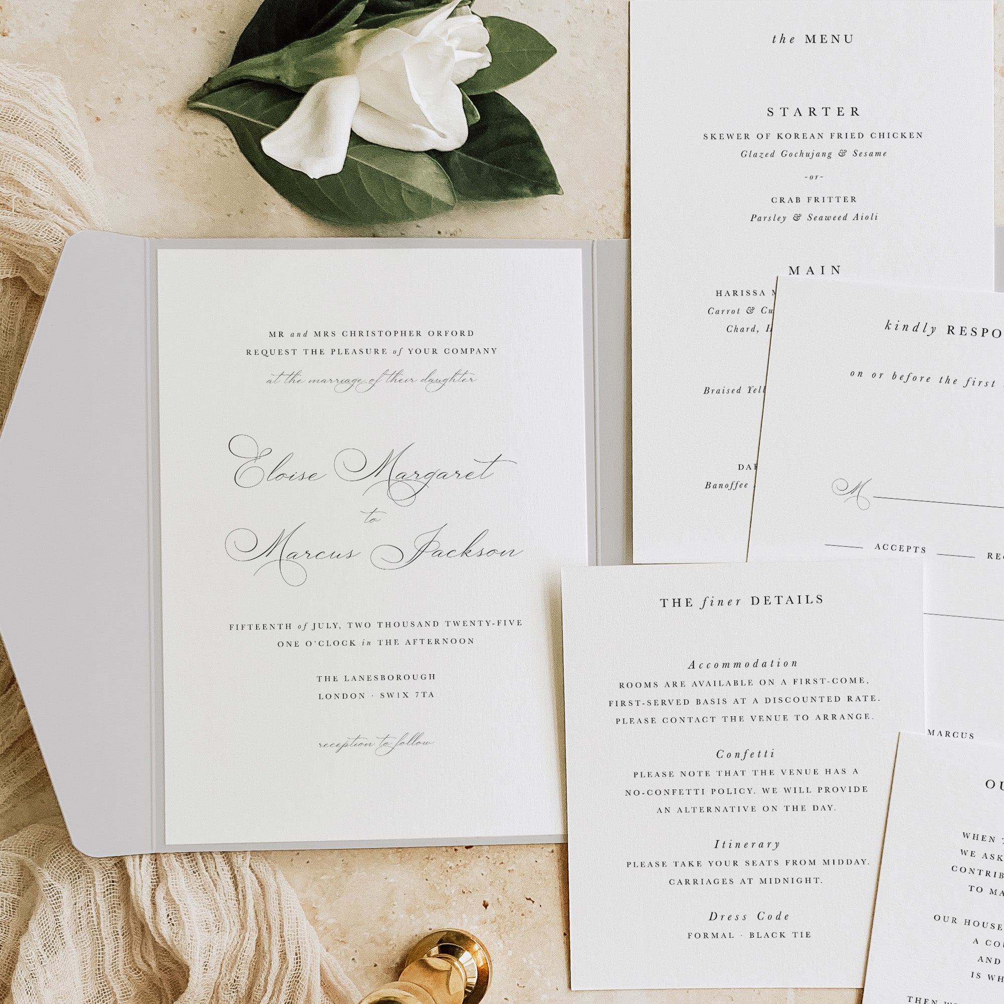 Elegant and Traditional Pocketfold Wedding Invitation Suite in Cool Grey - Eloise Collection