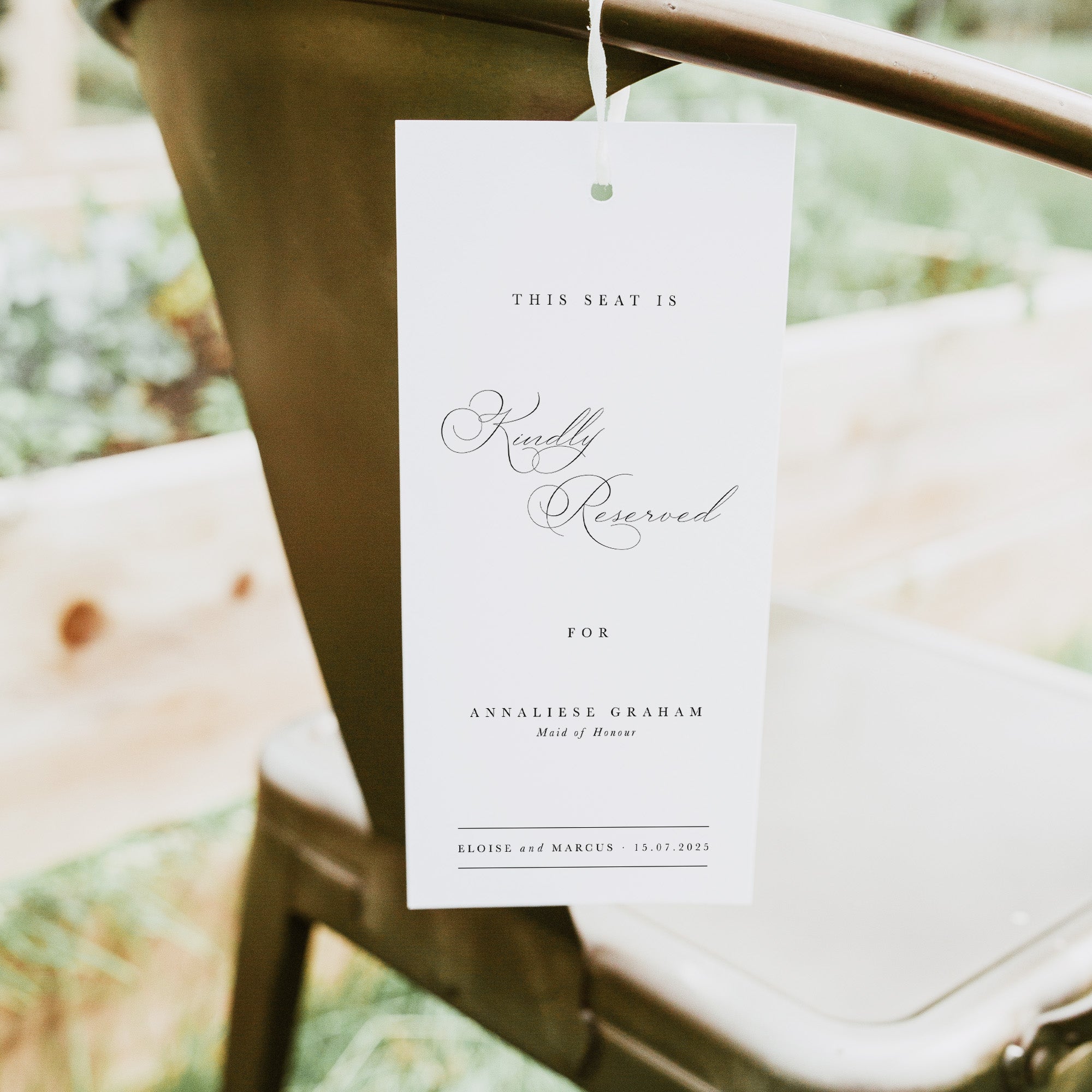 Elegant Seat Reservation Tag with Ribbon for Ceremony - Eloise Collection, Elle Bee Design