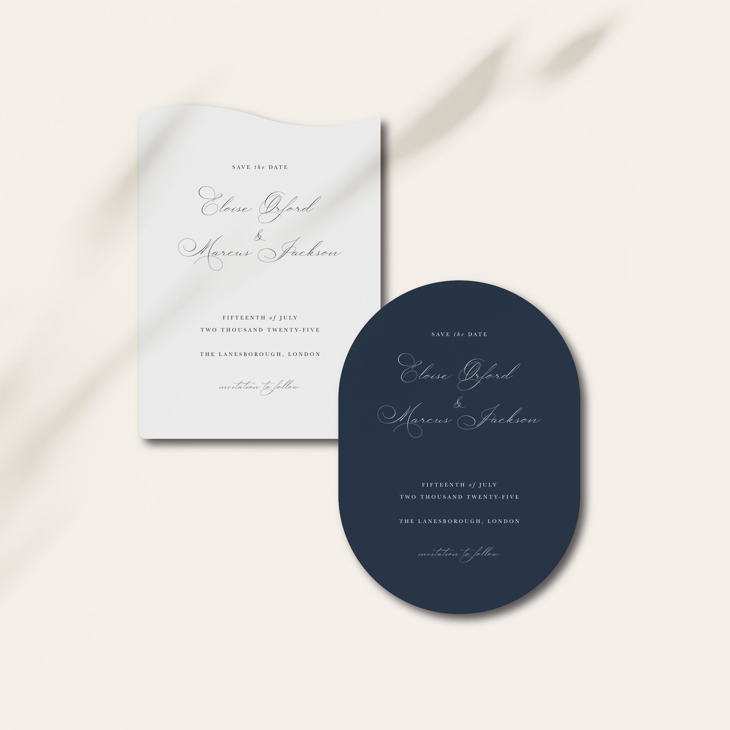 Elegant and Traditional Shaped Save the Date Cards in Grey and Blue - Eloise Collection, Elle Bee Design