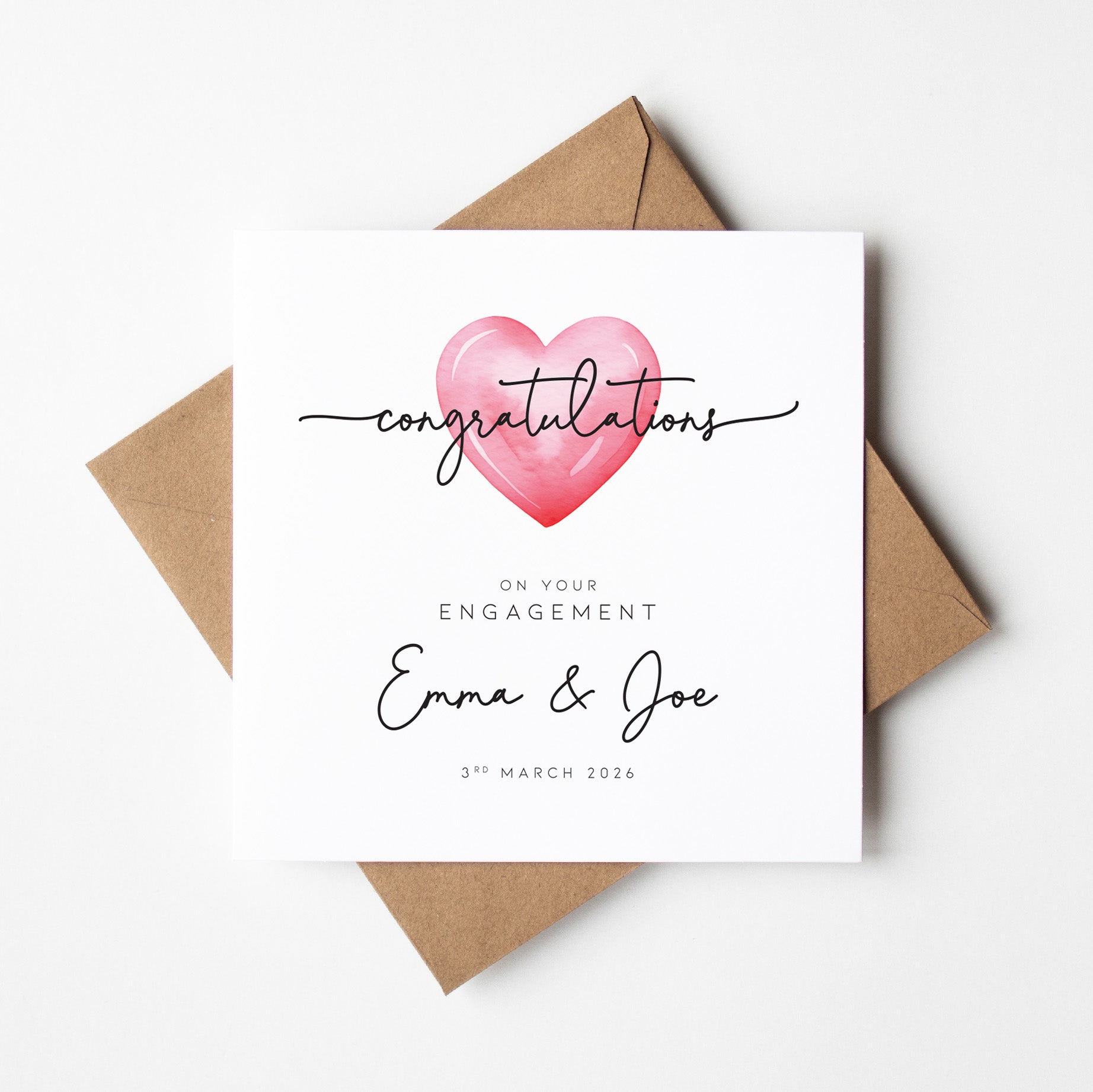 Engagement card with pink heart and personalized text on a white background