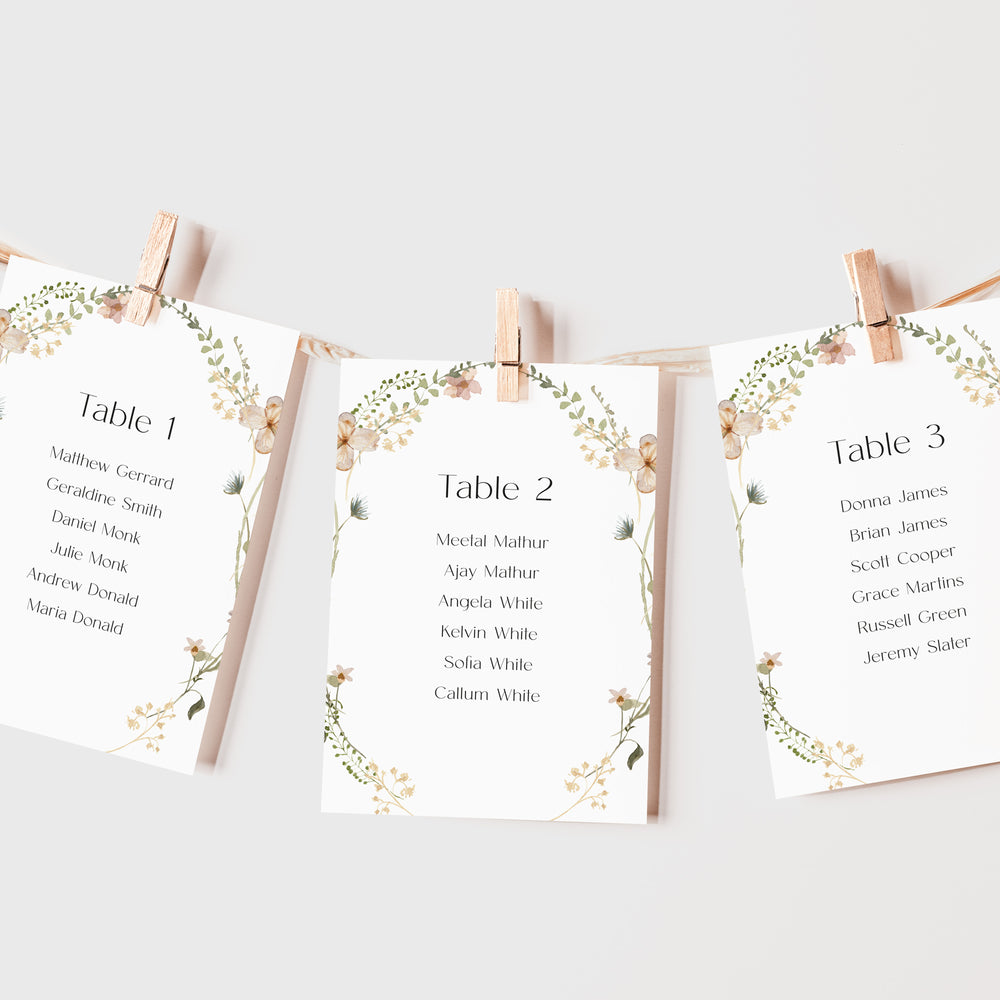 Wildflower Boho Wedding Table Plan Cards - Epping Collection, Elle Bee Design