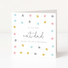 Greeting card for the best cat dad with colorful paw prints on a white background