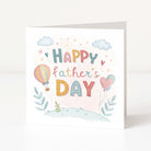 Father's Day card with colourful balloons and 'Happy Father's Day' text on a white background