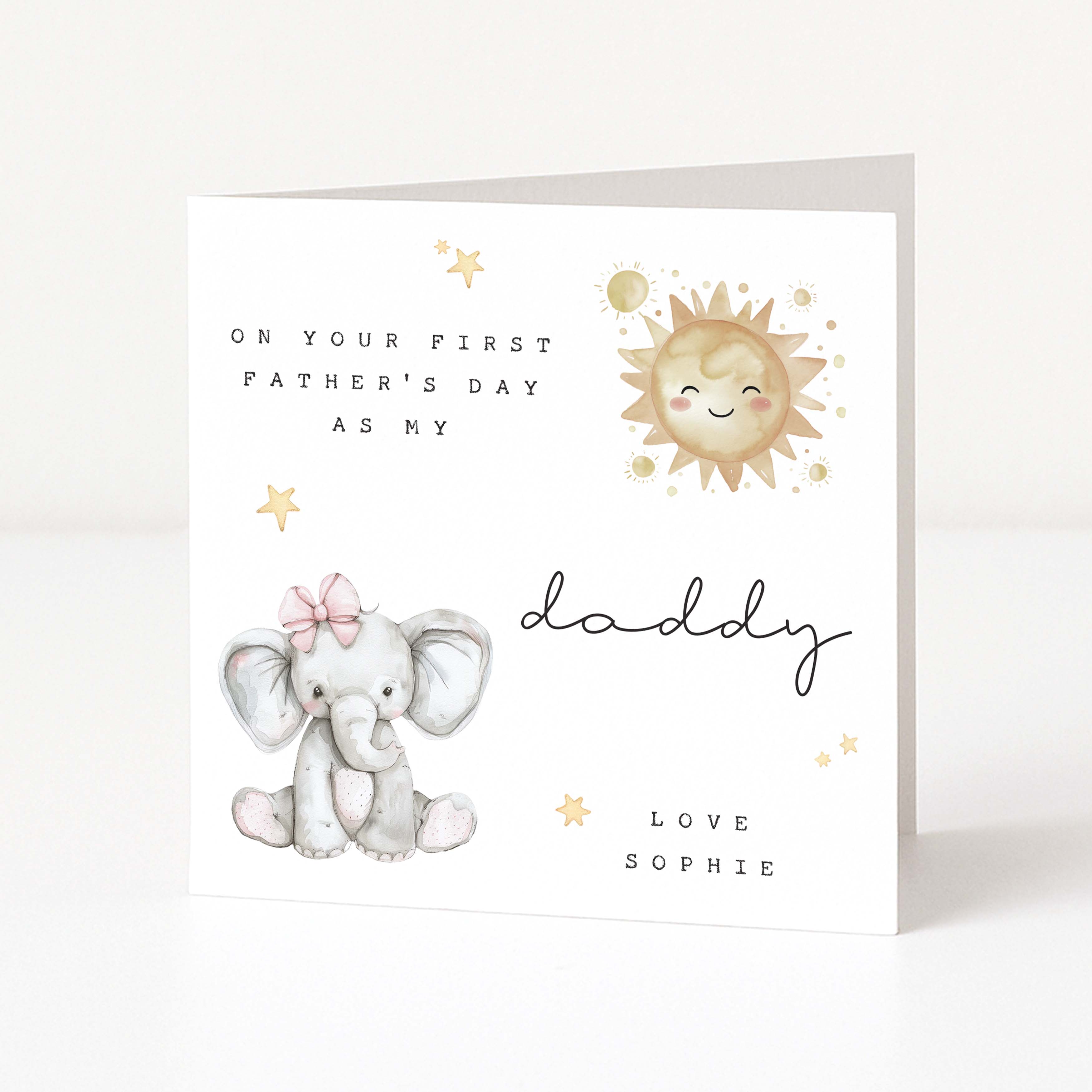 First Father's Day card with an elephant and sun illustration personalised with name of daughter on a white background