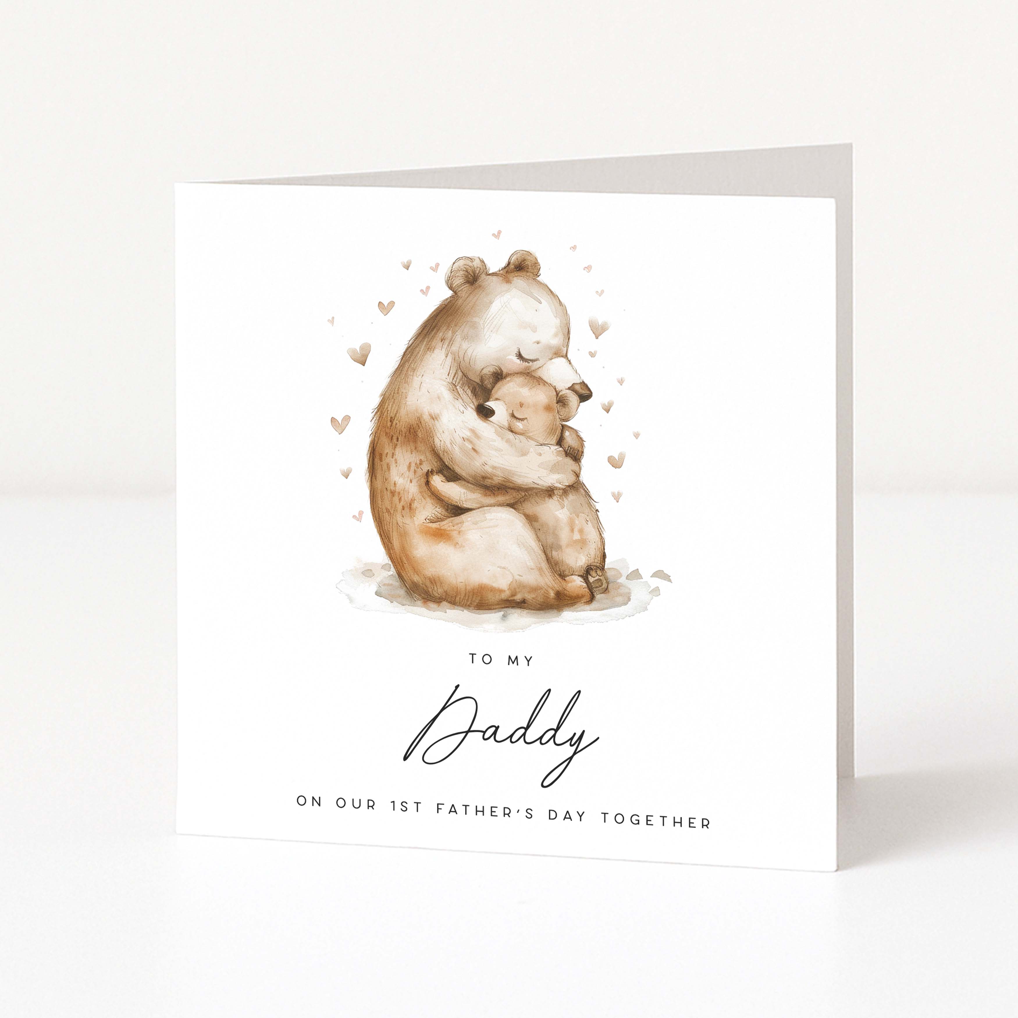 First father's day card with two bears hugging and 'To my Daddy' text on a white background
