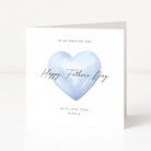 Greeting card with a blue heart and personalised text for Father's Day on a white background