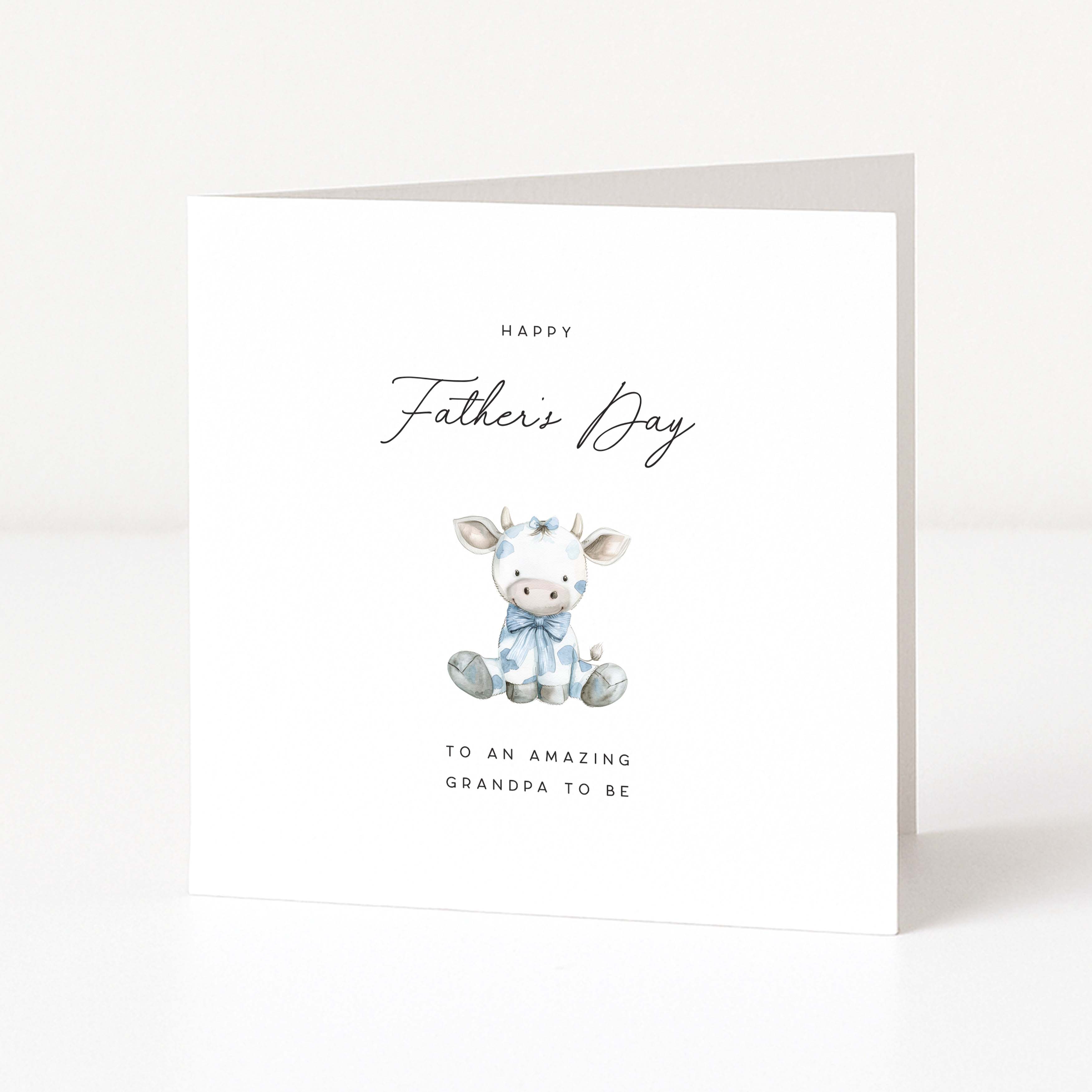 Greeting card with a baby cow illustration and 'Happy Father's Day to an amazing grandpa to be' text on a white background