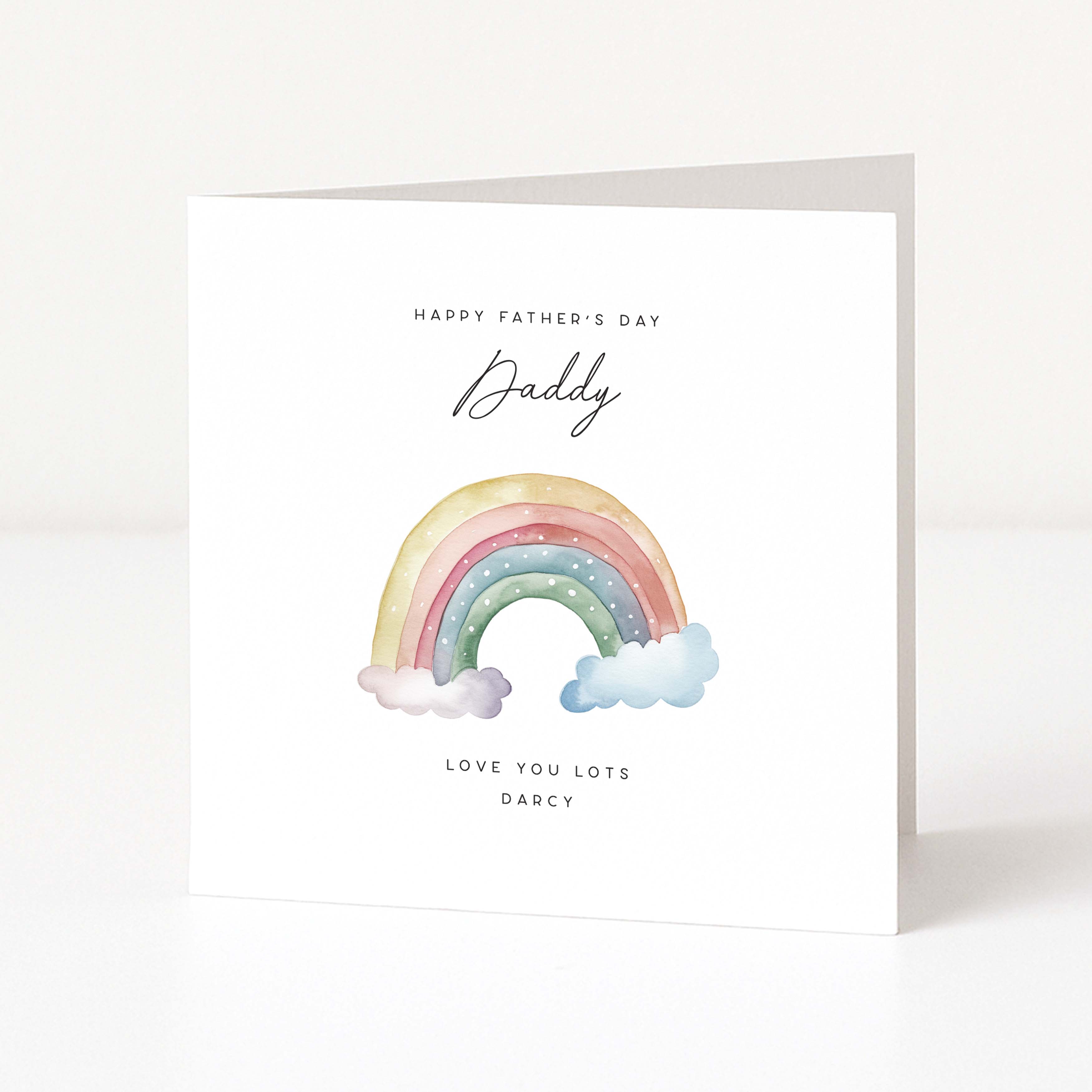 Personalised Greeting card for father's day with a rainbow and clouds on a white background