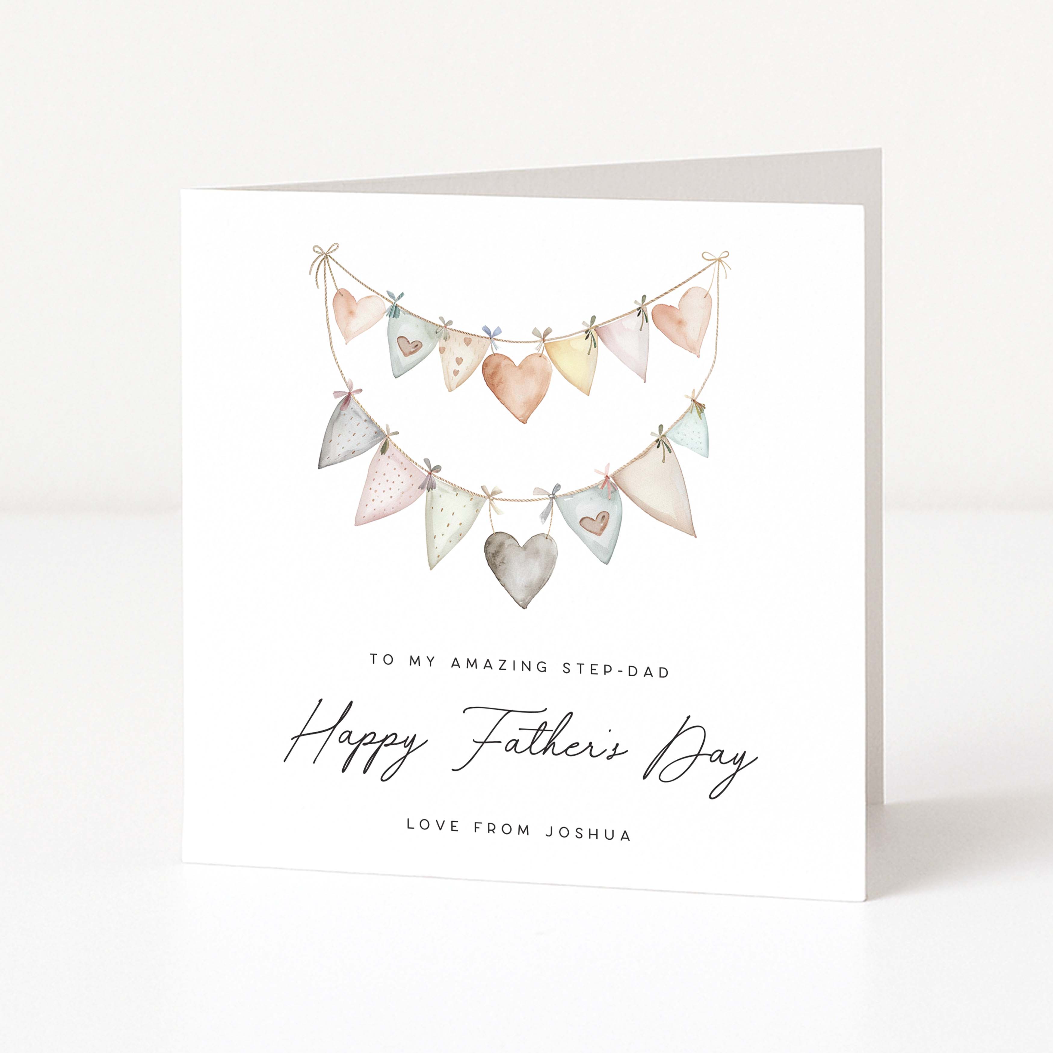 Father's Day card for step-dad with heart-shaped flags and personalized text on a white background