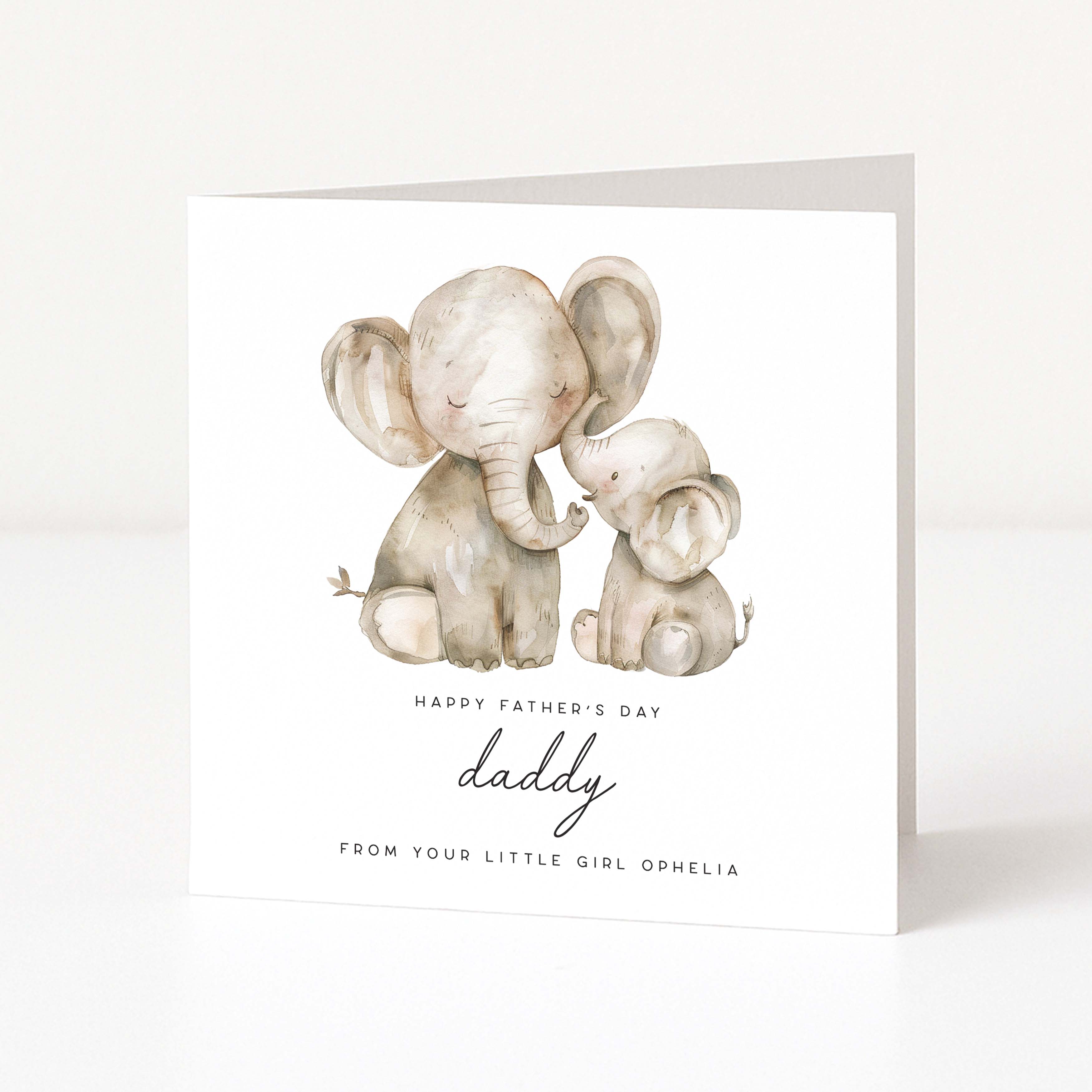 Personalised Greeting card with two elephants and 'Happy Father's Day daddy' text on a white background
