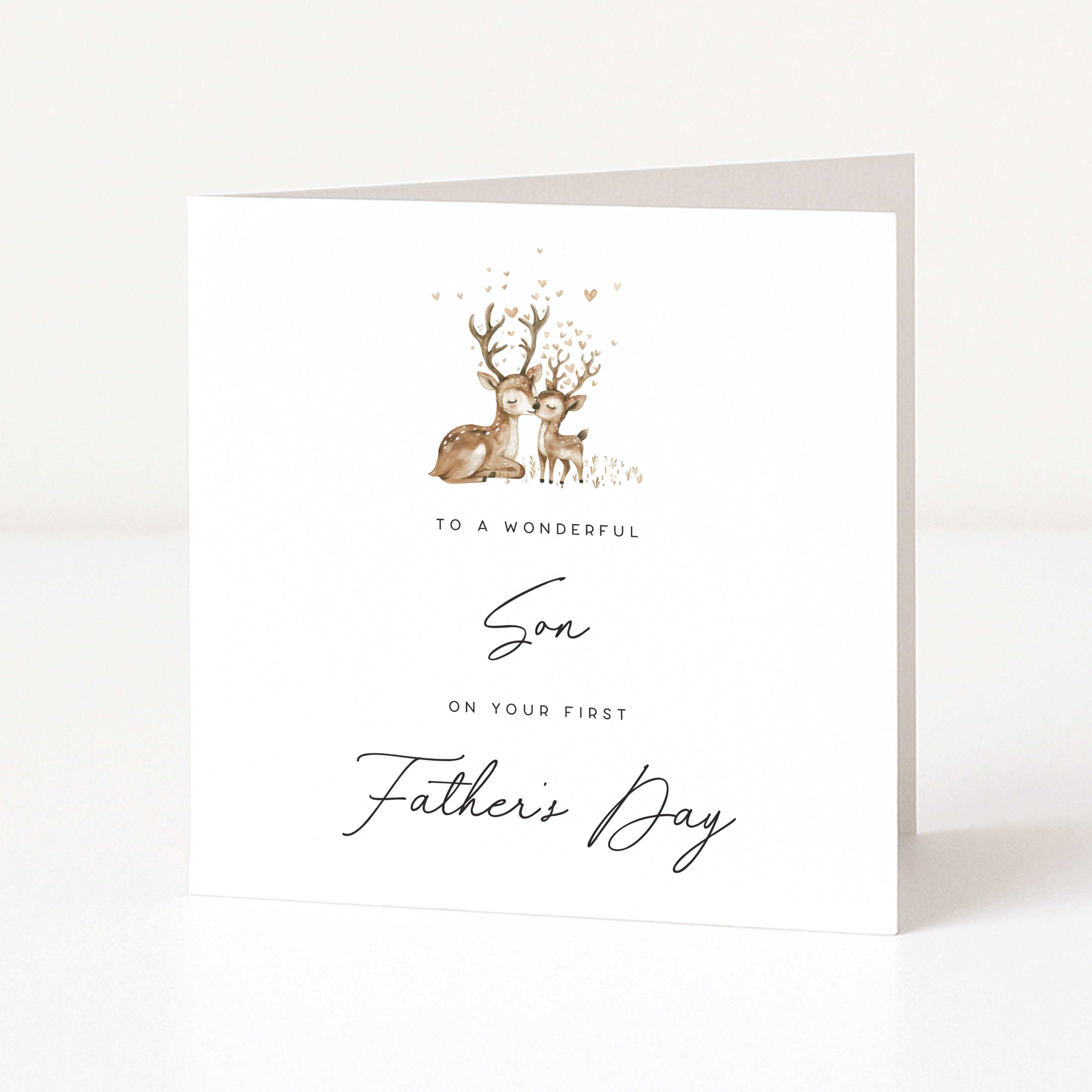 Father's Day Card for son's first father's day with deer illustration and text on a white background