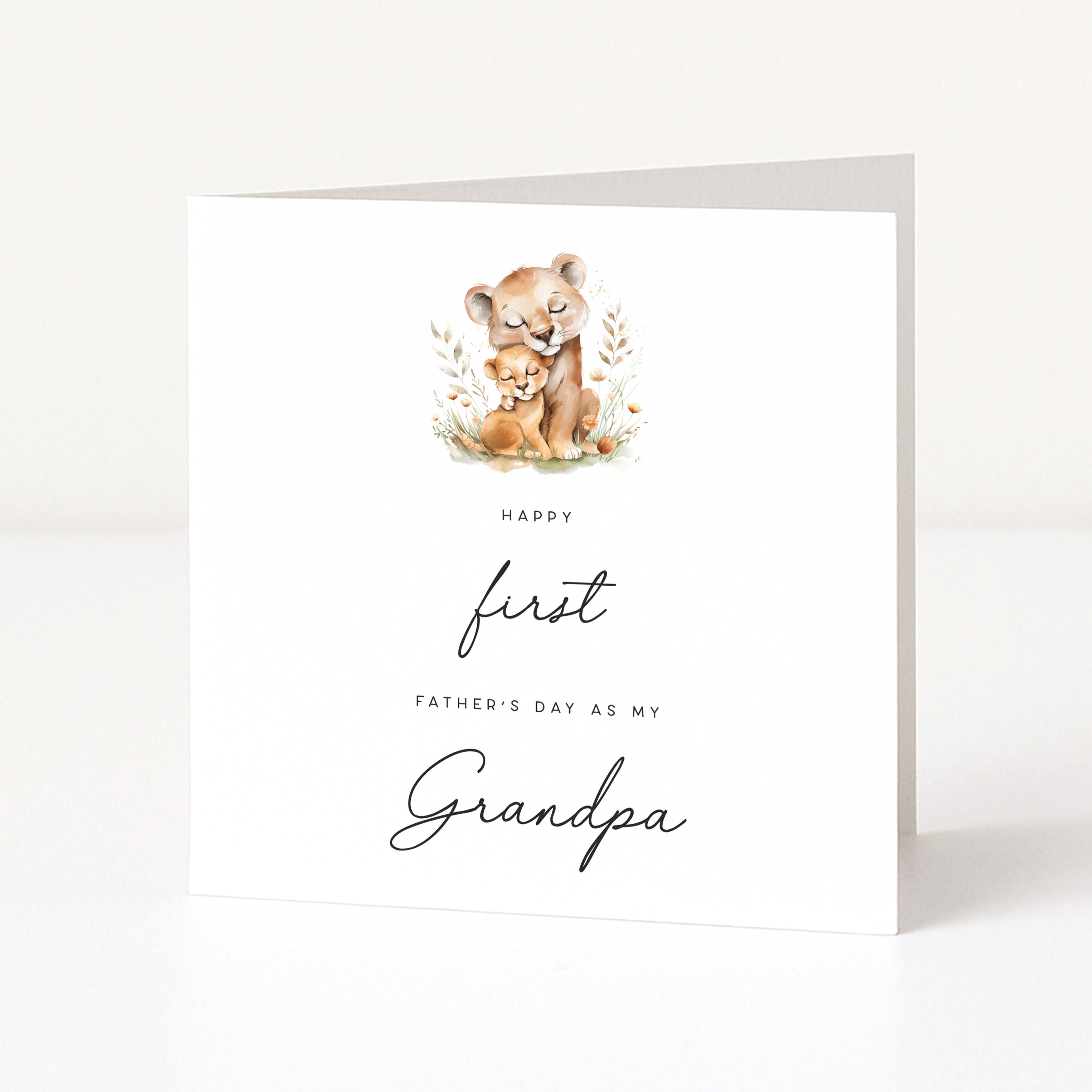 Greeting card with lion illustration and text for first Father's Day as a grandpa on a white background