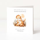Personalised Father's Day card with a dinosaur illustration and text on a white background