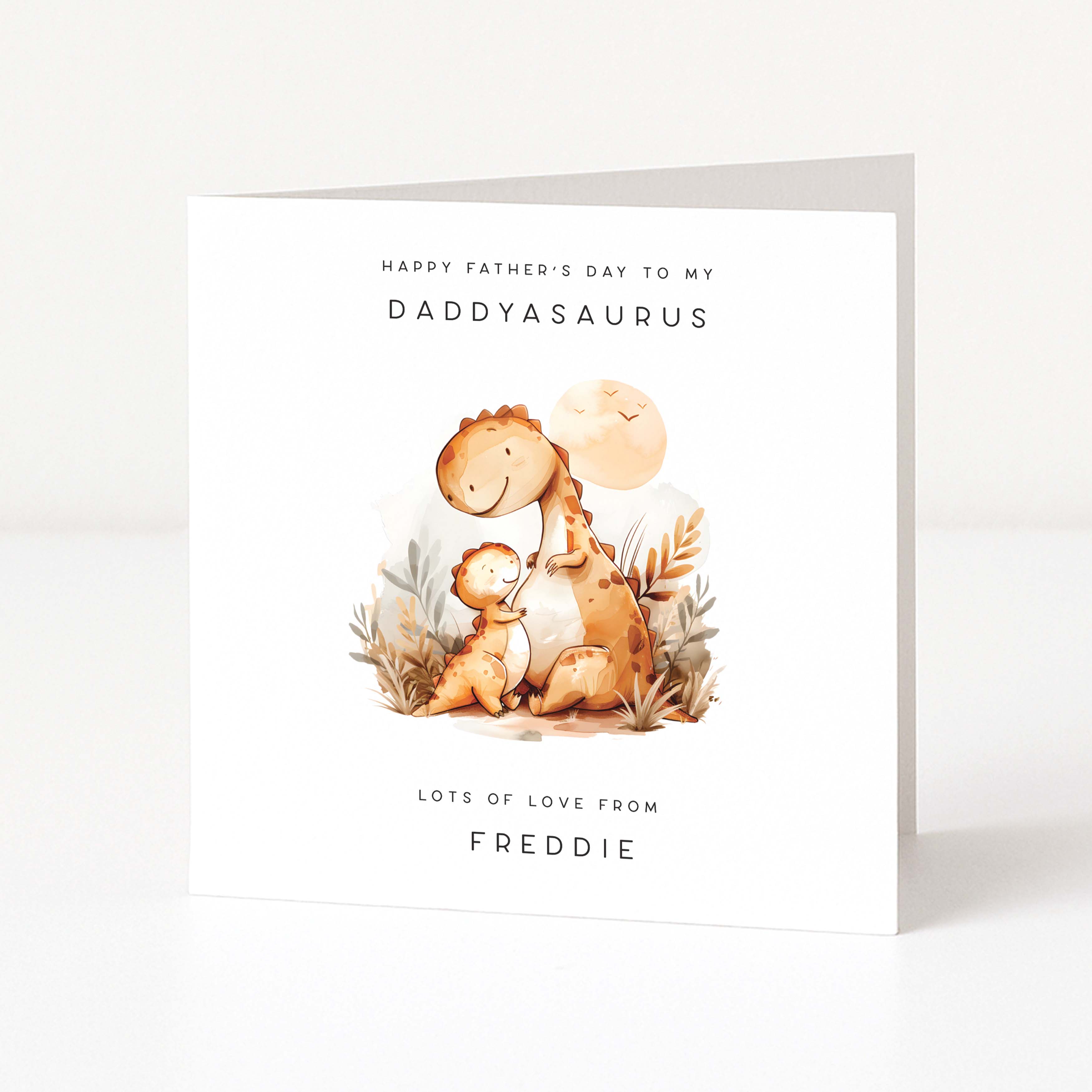 Personalised Father's Day card with a dinosaur illustration and text on a white background