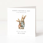 Cute personalised Father's Day card with two rabbits hugging and text on a white background