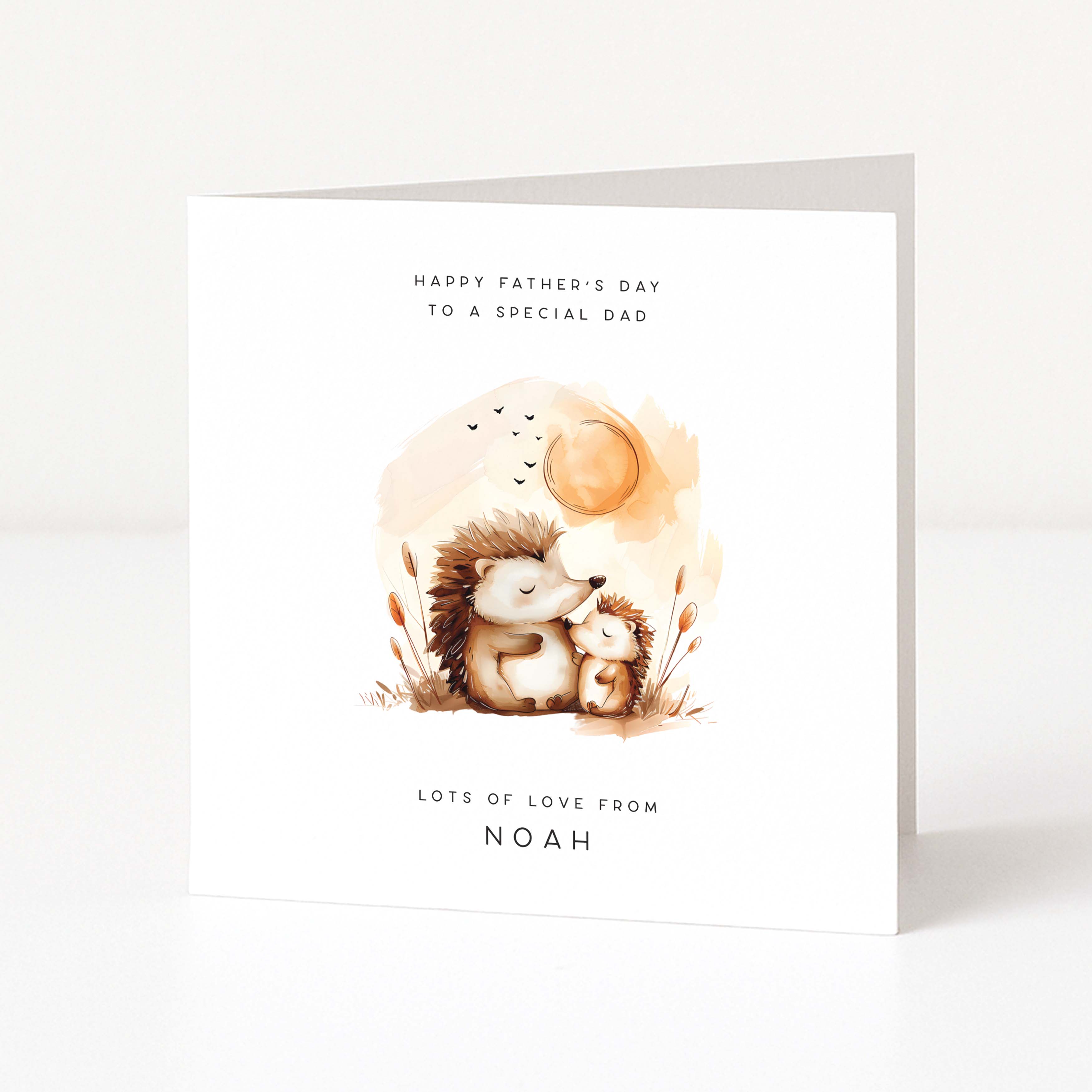 Personalised Greeting card with hedgehog illustration and 'Happy Father's Day' text on a white background