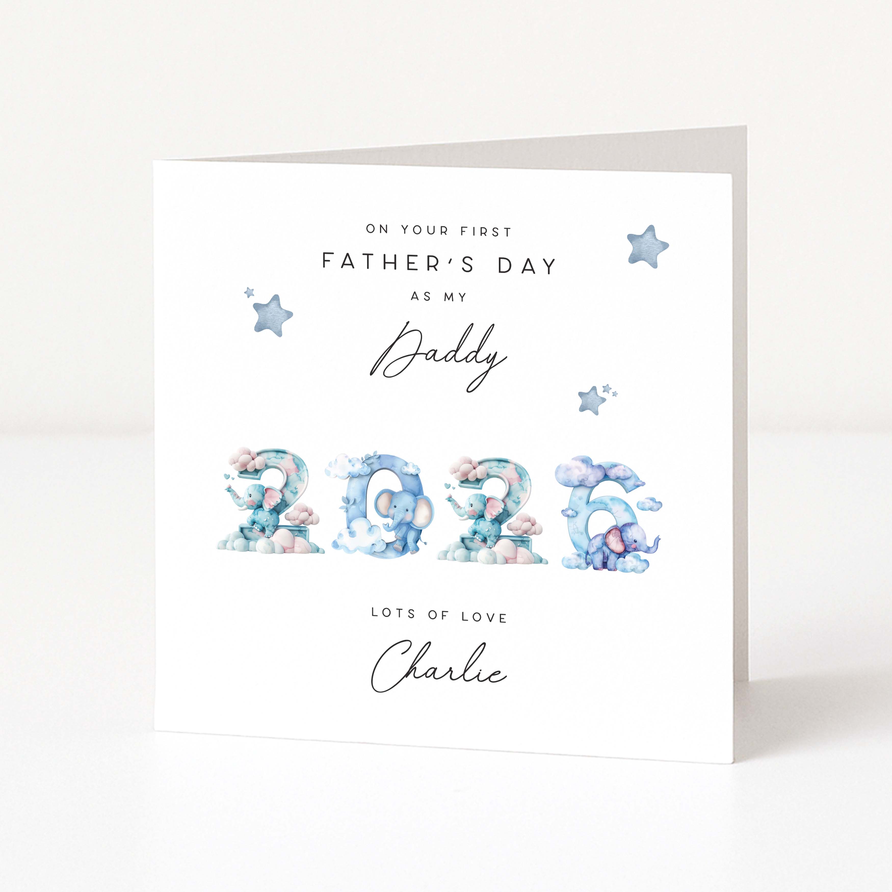 Father's Day card with decorative 2026 text and stars on a white background