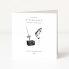 Father's Day card with fishing theme and text on a white background
