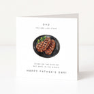 Father's Day card with a plate of steak and humorous text on a white background