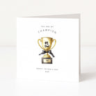 Father's day card with a gold trophy illustration showing number 1 dad and text on a white background