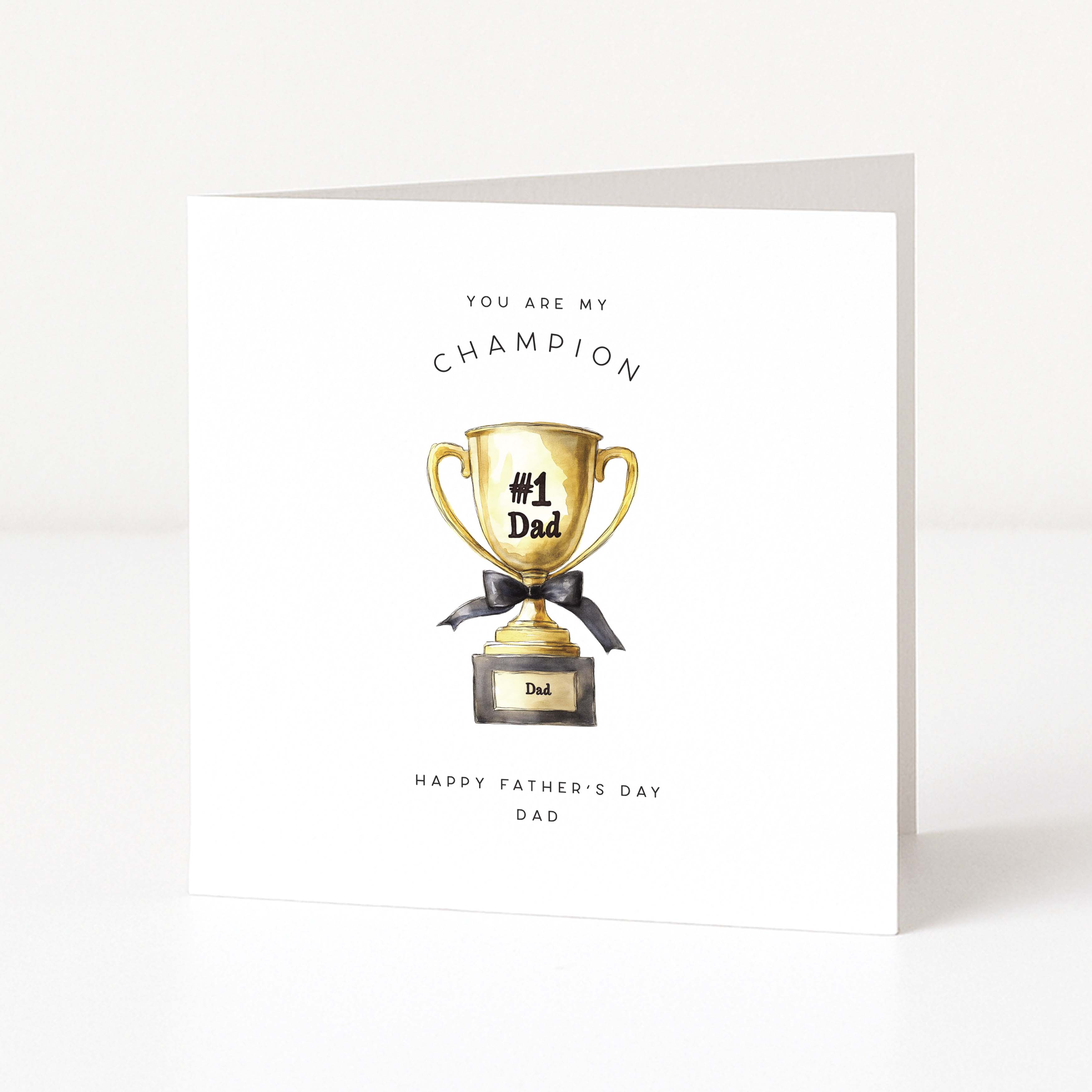 Father's day card with a gold trophy illustration showing number 1 dad and text on a white background