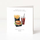 Father's Day card with a burger, fries, and soda illustration on a white background