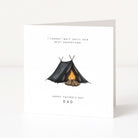 Father's Day card with a tent and campfire illustration on a white background