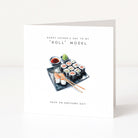Father's day card with sushi illustration and humorous text on a white background