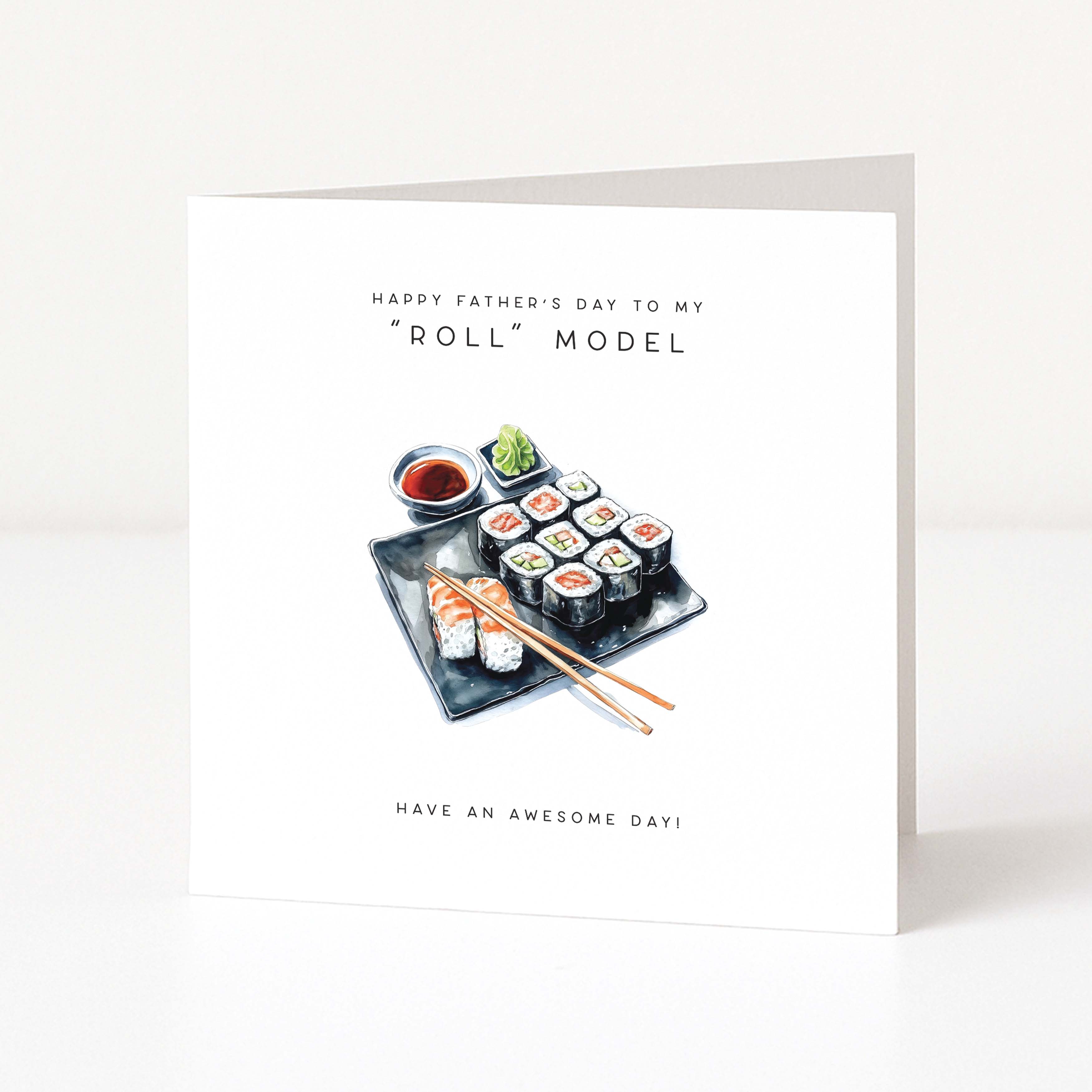 Father's day card with sushi illustration and humorous text on a white background