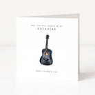 Greeting card with a guitar illustration and Father's Day message on a white background