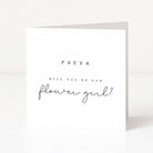 Greeting card asking 'FREYA, will you be our flower girl?' on a white background