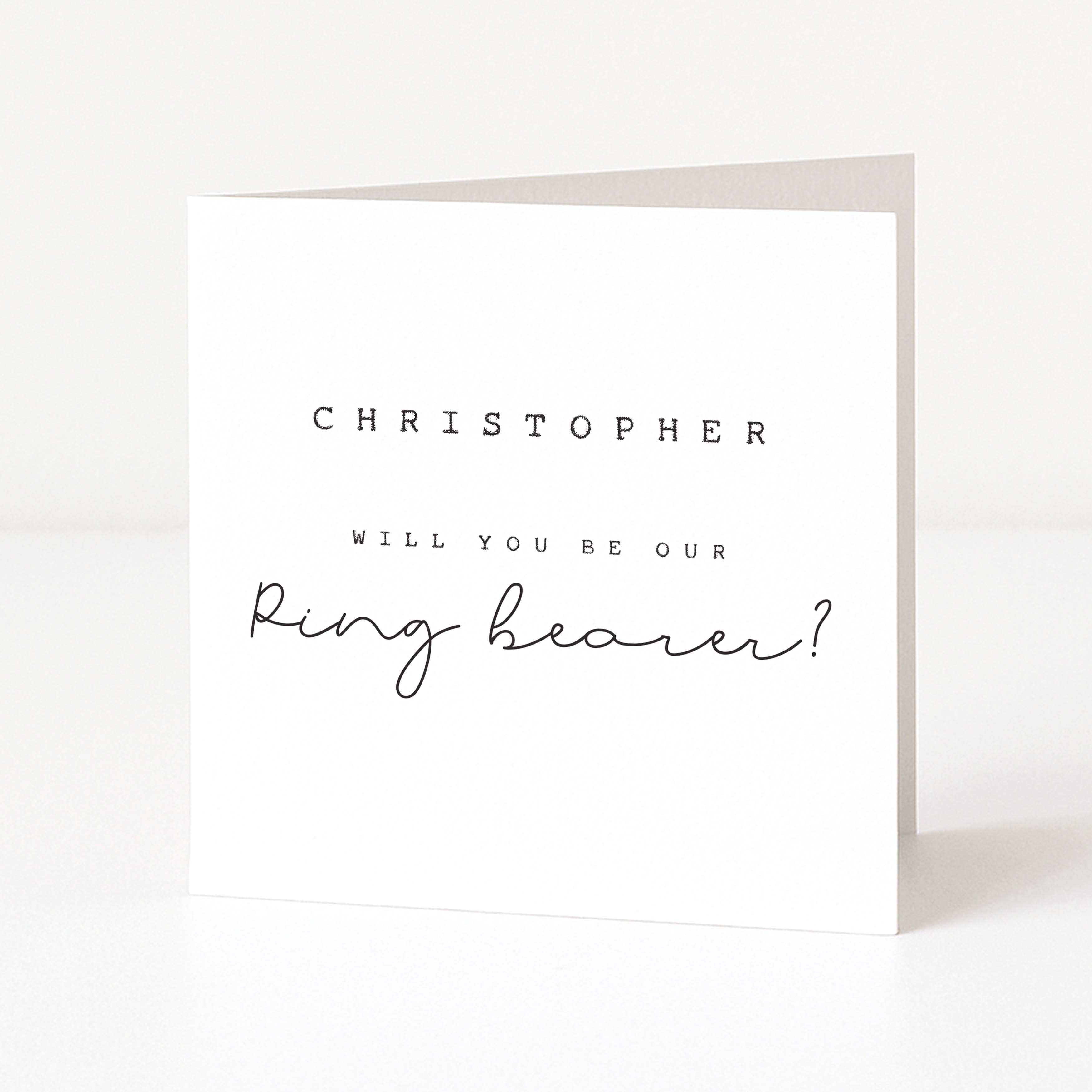 Greeting card with 'Christopher, will you be our ring bearer?' text on a white background
