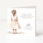 Greeting card with illustration of a girl in a dress and floral headband, asking if she will be the flower girl.
