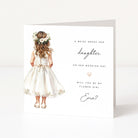 Greeting card with illustration of a young girl in a white dress and floral crown, asking if she can be the flower girl.