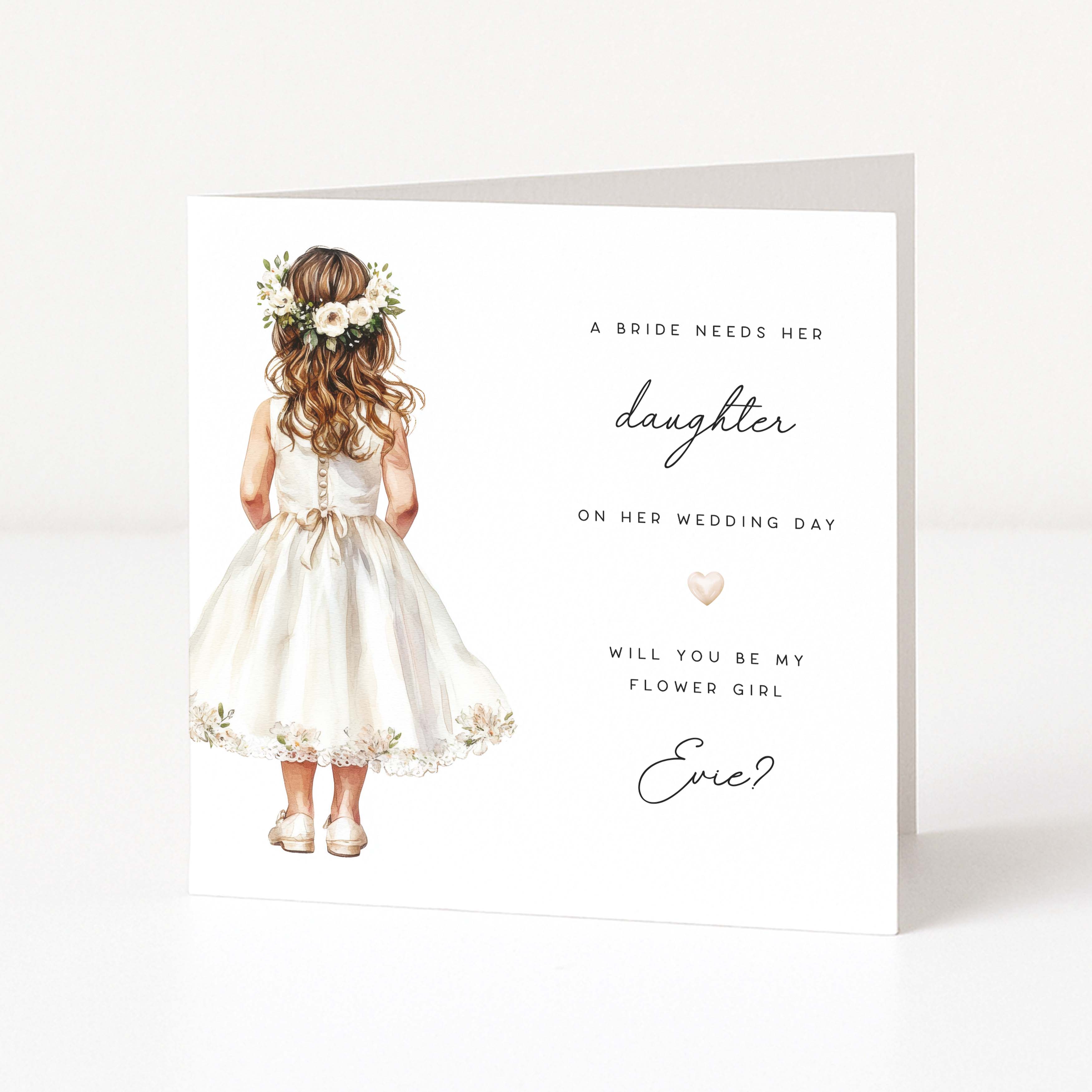 Greeting card with illustration of a young girl in a white dress and floral crown, asking if she can be the flower girl.