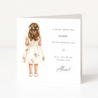 Greeting card with illustration of a girl in a floral dress and text asking if she will be the flower girl.