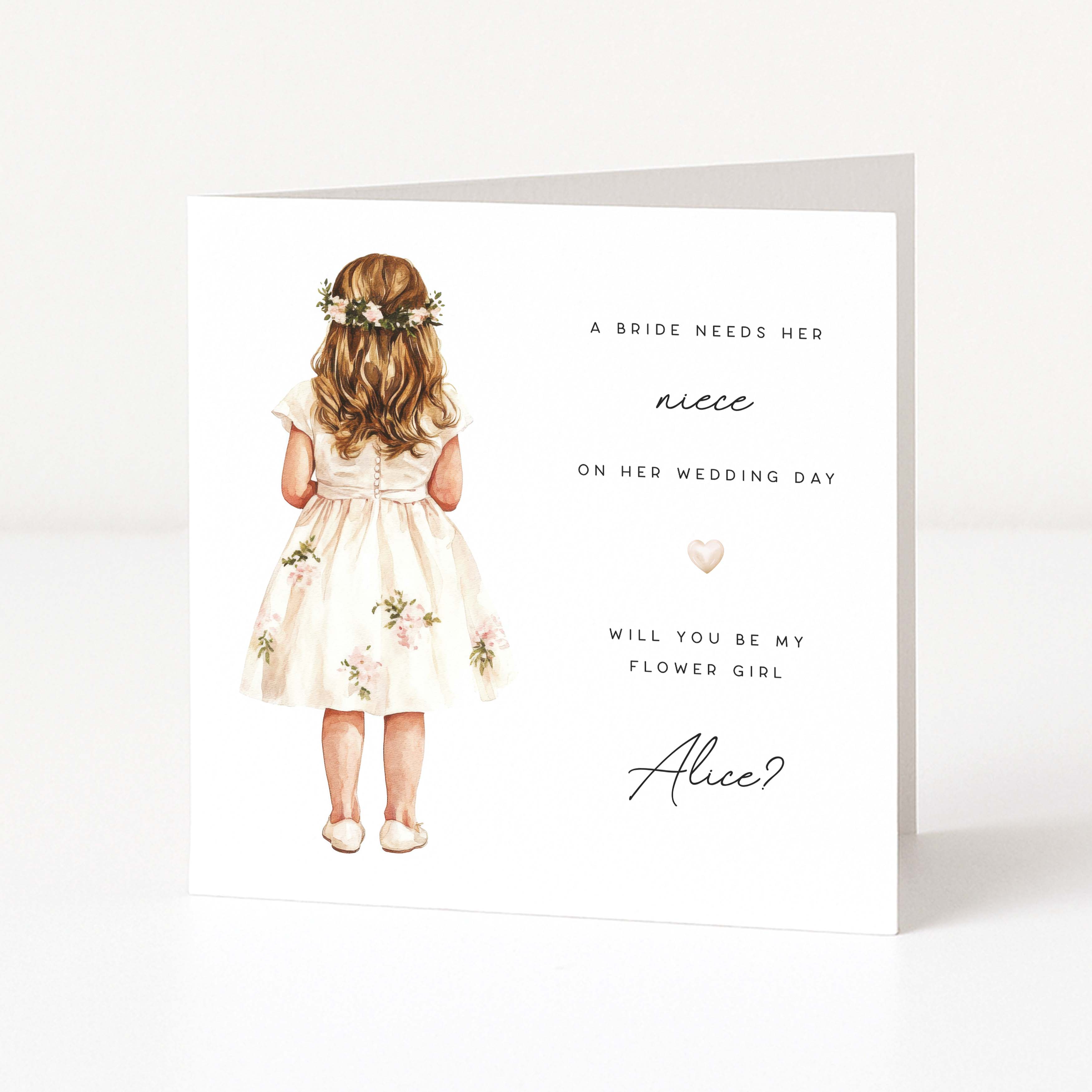 Greeting card with illustration of a girl in a floral dress and text asking if she will be the flower girl.