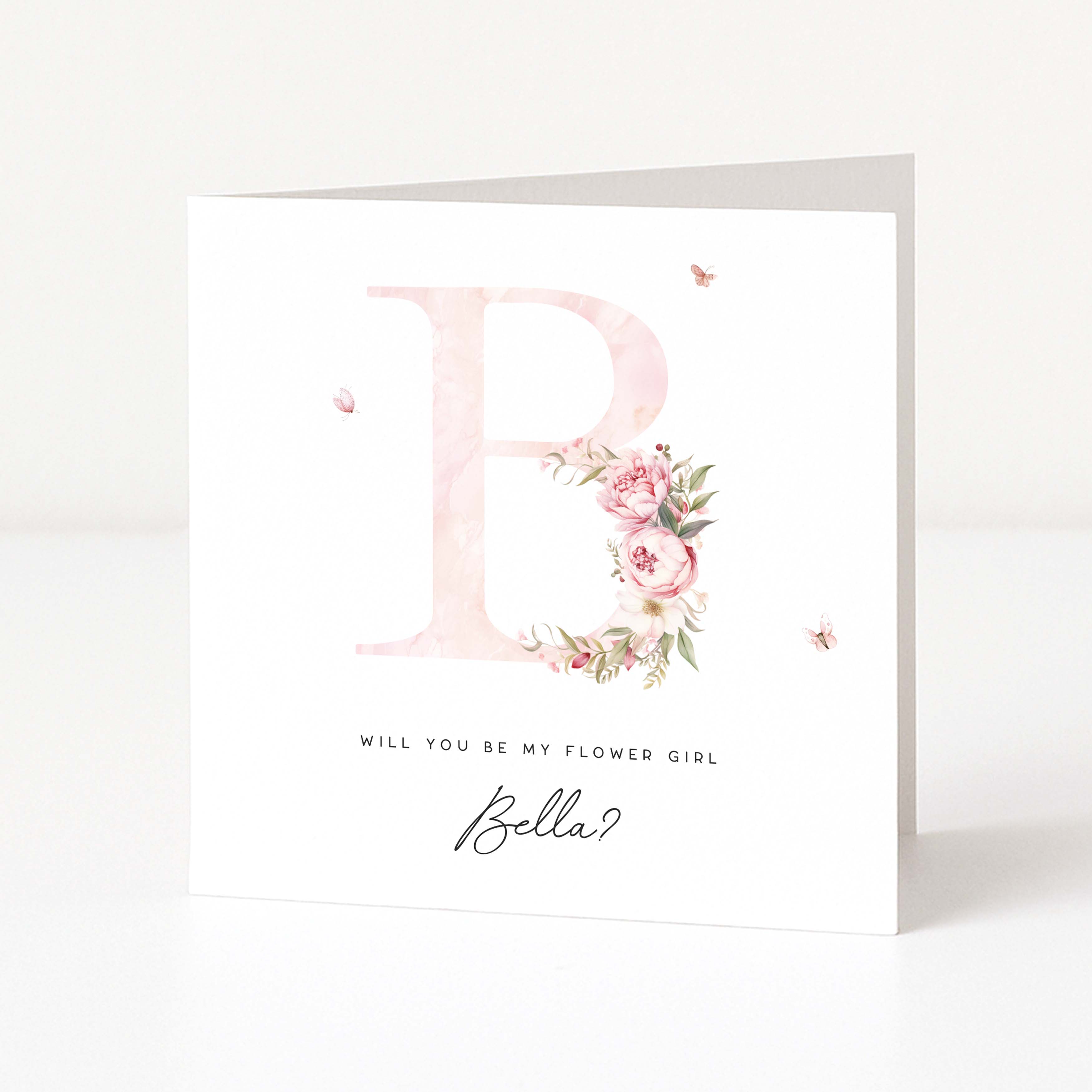 Flower girl proposal card with floral design and text on a white background