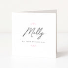Greeting card with 'Molly' and 'Will you be my flower girl?' text on a white background