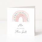 Greeting card with pink rainbow and floral design, asking if 'Mia' will be the flower girl.
