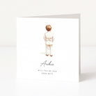 Greeting card with illustration of a boy in formal attire and text asking if he will be the page boy.