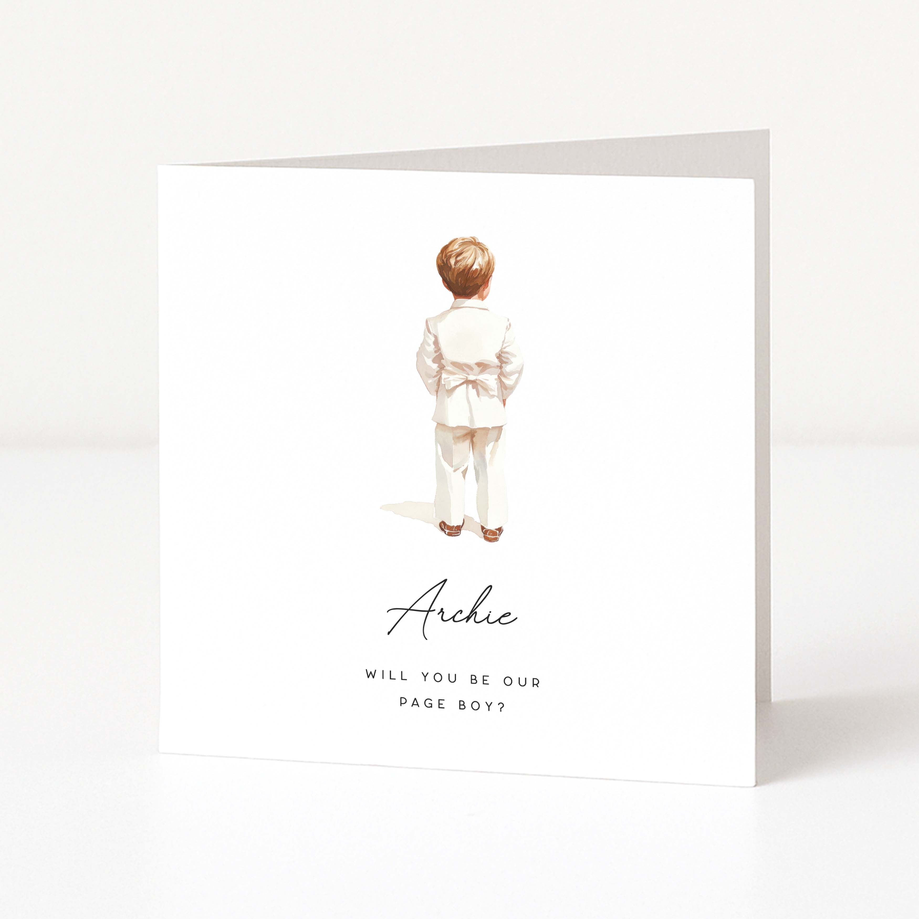 Greeting card with illustration of a boy in formal attire and text asking if he will be the page boy.