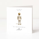 Greeting card with a boy in formal attire and text asking if he will be the page boy.