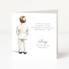 Greeting card with a young boy in a suit and a personalized will you be our page boy message on a white background