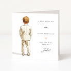 Greeting card with illustration of a boy in a suit and text asking if he will be the page boy.