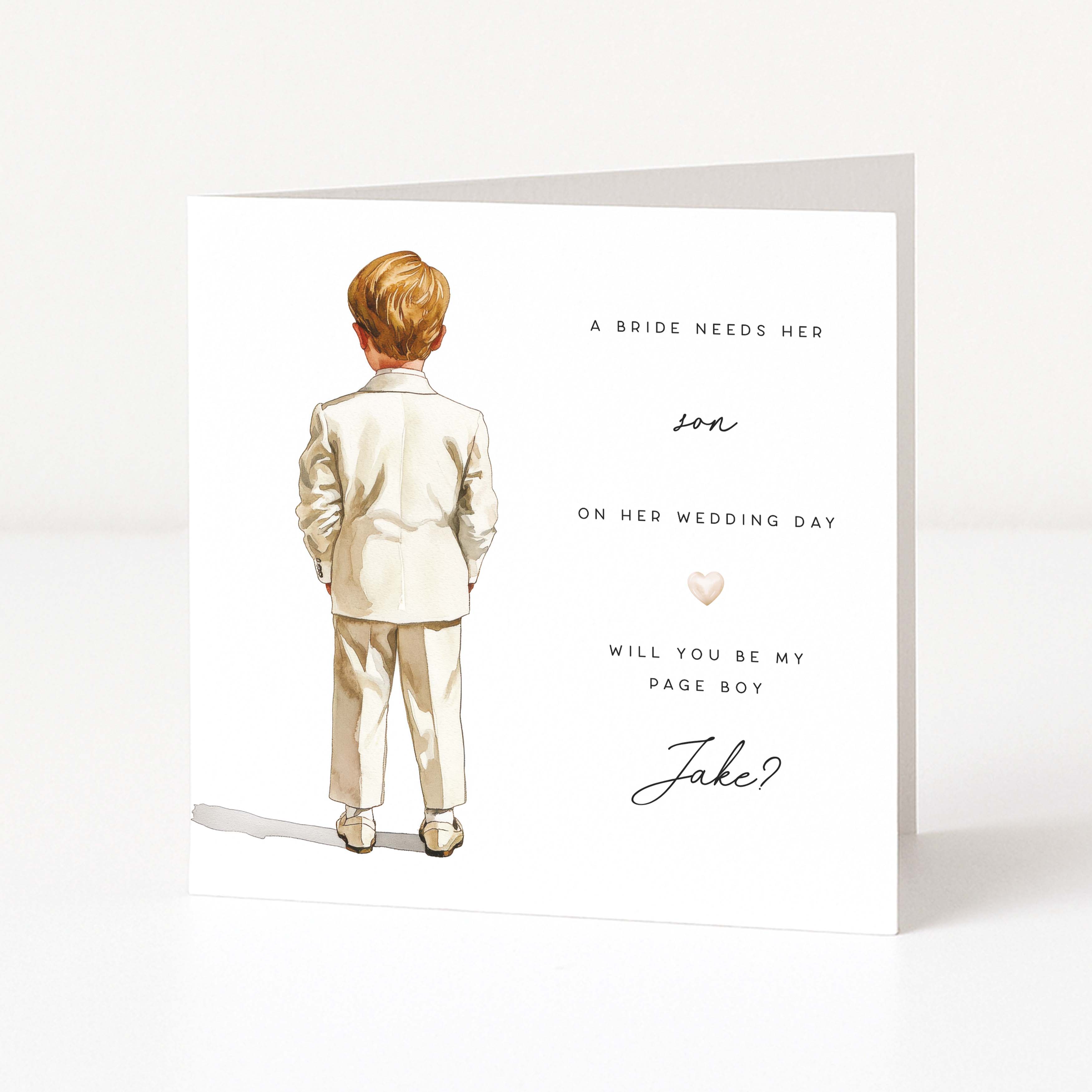 Greeting card with illustration of a boy in a suit and text asking if he will be the page boy.